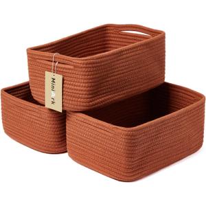 Small Storage Baskets for Organizing | Closet Organizer Bins | Shelf Toy Basket | Woven Rope Baskets | Cube Decorative Box | Shallow Basket | 13x8.5x5.1 | 3 Packs Oxide Red