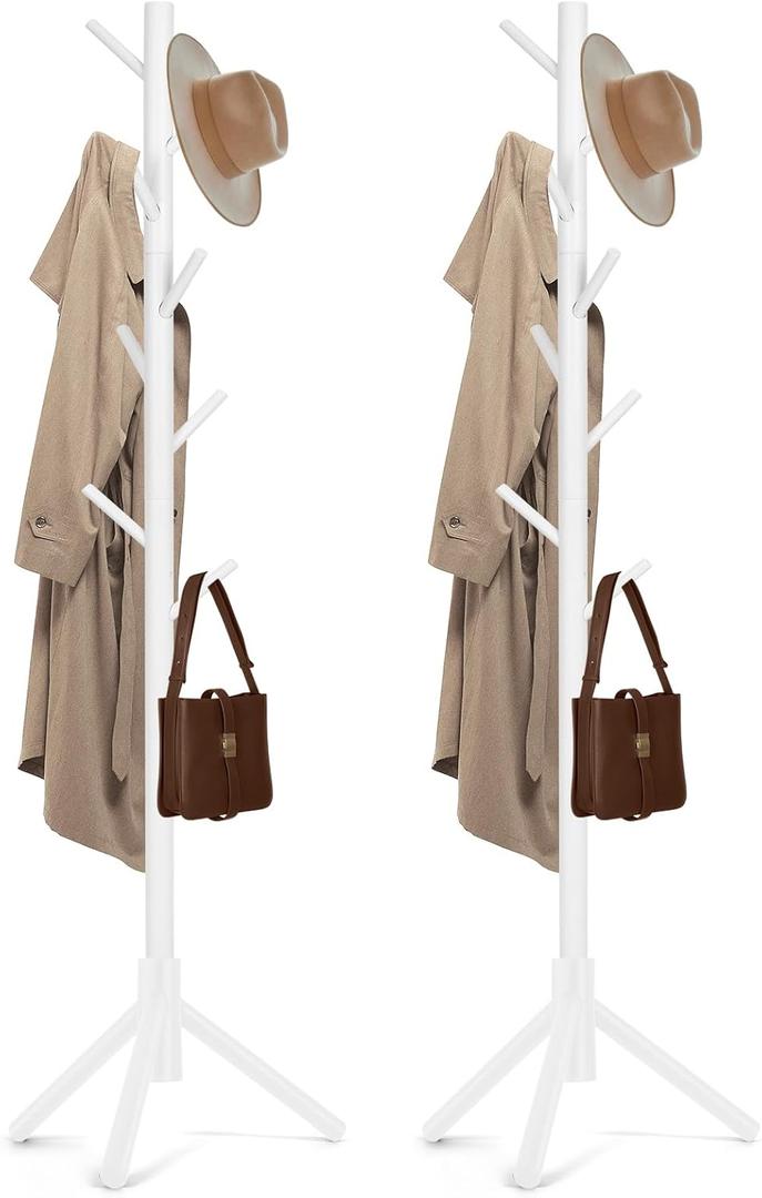 Freyawin 2PCS Solid Wooden Coat Rack Freestanding, New Zealand Pine Coat Tree with 8 Hooks & 3 Adjustable Sizes for Coats, Hats, Handbags and Scarves, Space Saving for Entryway/Office/Bedroom (White)