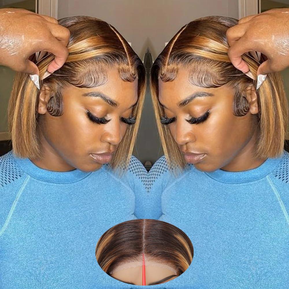 Highlight Straight Bob Wig Human Hair 4/27 Ombre Blonde 5x5 Hd Lace Closure Wig Wear and Go Glueless Bob Wig 10 Inch Pre Plucked With Baby Hair Short Bob Hd Transparent Lace Wigs No Glue Wig for Women