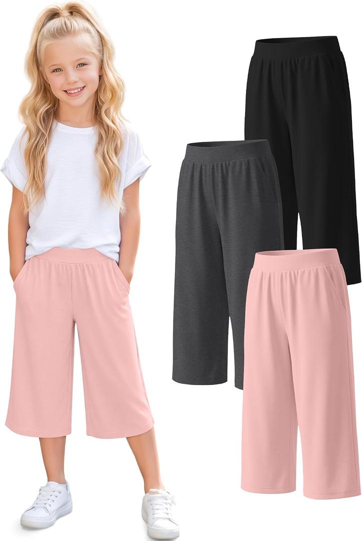 3 Pack Girls' Capri Pants Wide Leg | Elastic, Waist, Loose Fit, Capris, Casual, Workout, Summer, Cropped, Pants, Pockets