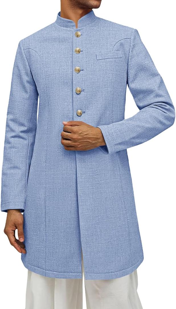 Runcati Mens Kurta Coats Indian Mandarin Collar Attire Ethnic Outfits Wedding Festive Party Clothing Casual Kaftan Robe (Blue, L)