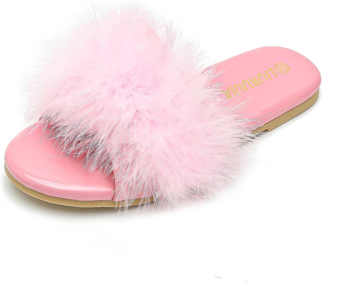 LIURUIJIA Women's Fluffy Feather Slippers Fur Slide Flat Sandals Cozy Slip On Stylish Summer Casual Party Indoor Outdoor Flats Shoes (10, Pink)