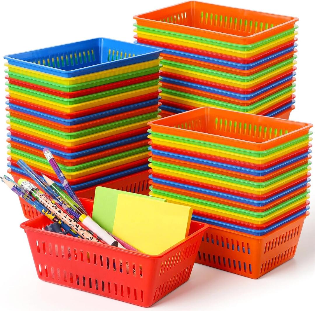 Sherr 60 Pack Classroom Storage Basket Small Plastic Basket for Organizing Crayon Pencil Container Storage Bin Tray Holder for Paper Shelf Back to School Office Supply 6.1"l x 4.3"w x 2.4"h (Colorful)