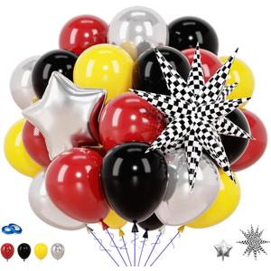 Race Car Balloons Black Red Yellow Silver 12 Inch 58pcs Checkered Star Foil Balloons Decorations for Car Theme Party for Boys Men Kids Two Fast Baby Shower Supplies, 1x2x3 inches