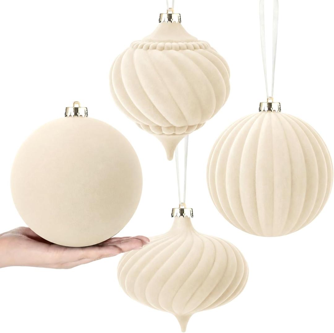 Civaner 4 Pcs Velvet Christmas Ball Ornaments,8 Inch,Beige