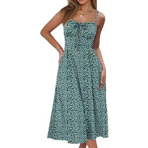 Caracilia Women Summer Floral Corset Midi Sundress Casual Spaghetti Strap Beach Vacation Wedding Guest Milkmaid Dress Pockets (Small, Dark Green Blue Floral)