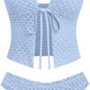 seamoly Women's Tankini Sets Tie Front Ruffle Bikini Set High Cut Thong Two Piece Swimsuit Floral Gingham Bathing Suit (Large, Blue)