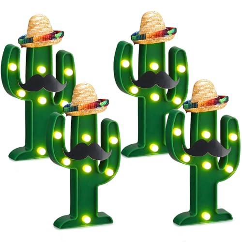 Kittmip 8 Pcs Fiesta Mexican Party Decoration LED Cactus Light with Mini Sombrero Straw Hats and Fake Beard Cinco De Mayo Table Decor Mexican Party Supplies for Fiesta Table Room Bedroom Decoration