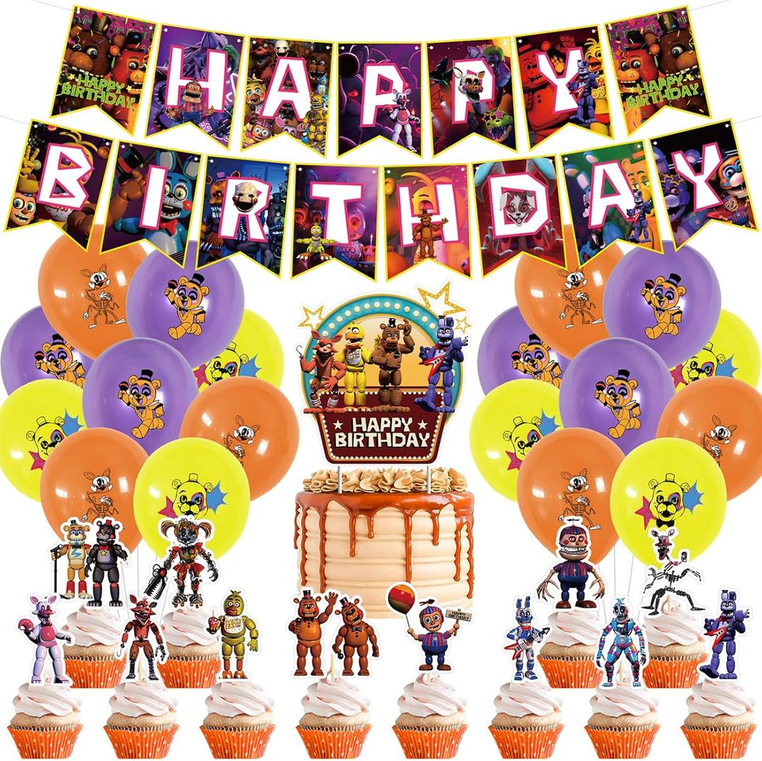 Freddy's Birthday Party Decorations, 5 Nights Decorations include Banner,Cake Toppers, Balloons for Kids Baby Shower Birthday Party Supplies (Purple)