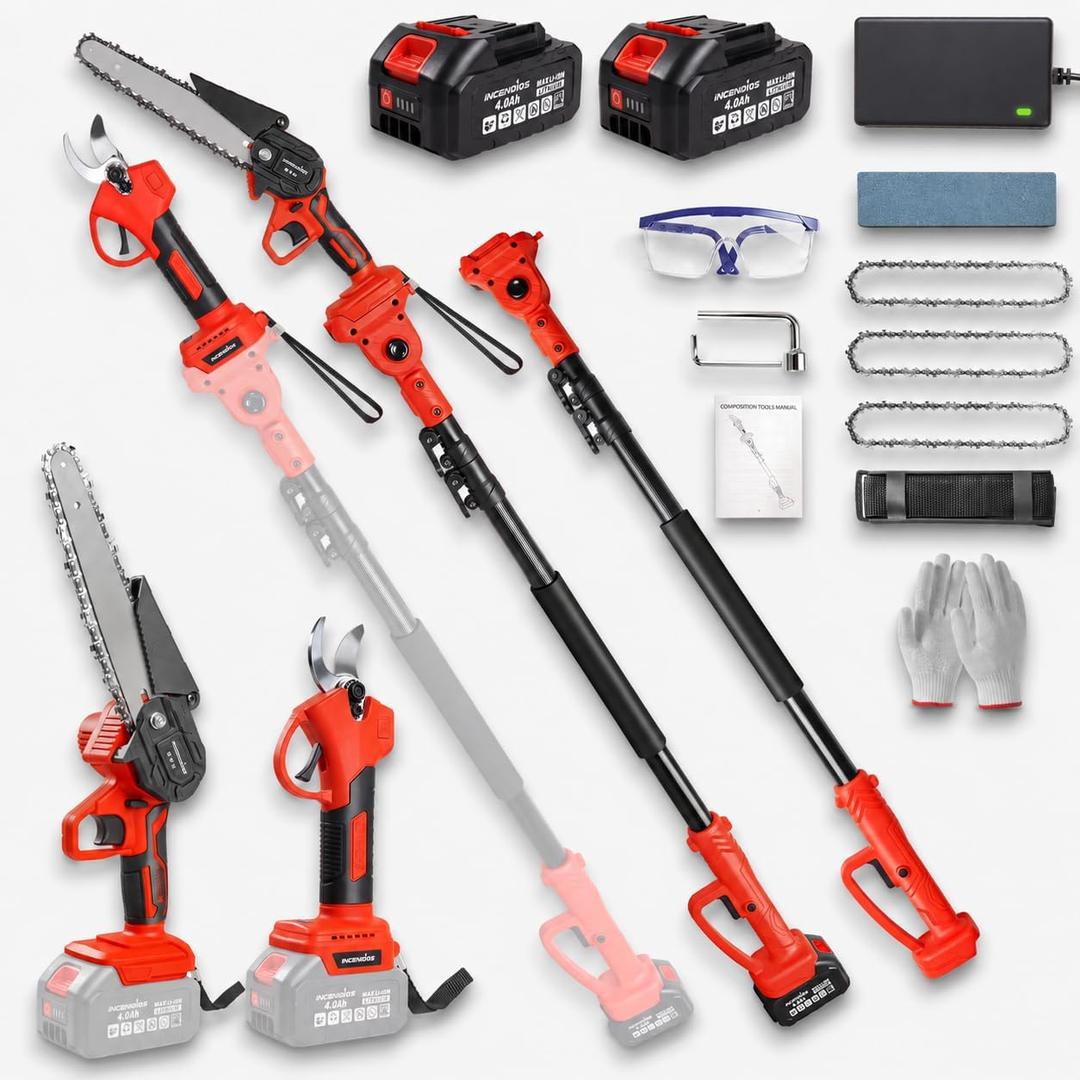 4-in-1 Cordless Pole Saw & Pruning Shears Combo Kit, 21V Electric Tree Trimmer with 180° Rotating Head, 16ft Max Reach, 8" Chainsaw & 2 x 4.0Ah Battery Powered Brushless Tree Pruner