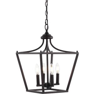 JONATHAN Y 13" Oil Rubbed Bronze 4-Light Iron Pendant Lantern, Midcentury Farmhouse Hanging Ceiling Light for Kitchen Island, Foyer, Entryway, Adjustable Chain, LED Bulbs Included (JYL7561A)