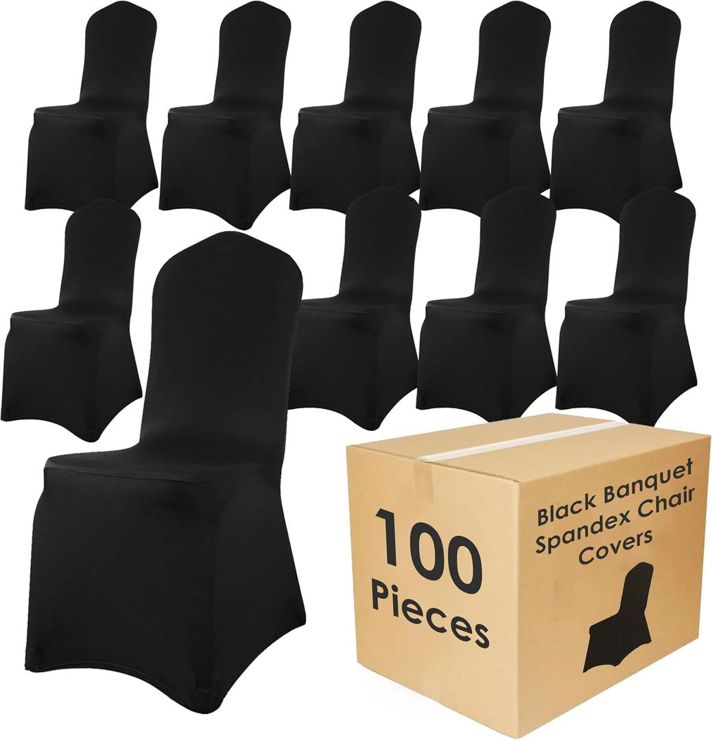 100 Pack Black Spandex Chair Covers  Stretch Polyester Slipcovers for Wedding, Banquet, Party & Dining Chairs  Flat Front Design, Universal Fit
