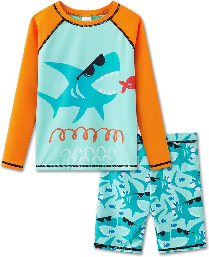 UMELOK Boys' Rash Guard Swim Set (2-3T, Orange/Shark)