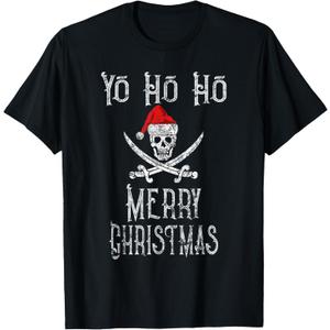 Holiday Pirate Yo Ho Ho Merry Christmas Santa Hat Boating T-Shirt Small