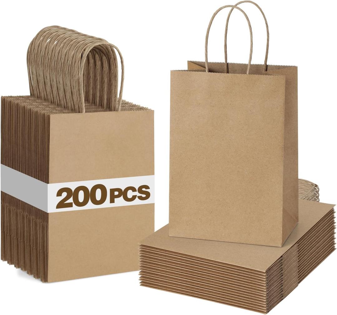 BagDream 200Pcs Gift Bags 5.25x3x8 Kraft Brown Paper Gift Bags with Handles Bulk, Small Paper Sacks for Birthday Wedding Party Favors, Wholesale Retail Merchandise Small Business