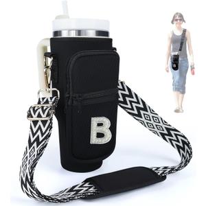 Water Bottle Holder with Strap for Stanley 40 oz Tumbler, Initial A-Z Water Bottle Carrier Sling Bag with Pouch Phone Pocket Handle Crossbody Water Bottle Holder Case Sleeve for Walking Camping Gym