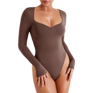 REORIA Womens Trendy Sexy Sweetheart Neck Double Lined Layering Long Sleeve Body Suit Going Out Bodysuits Tops (Coffee) M