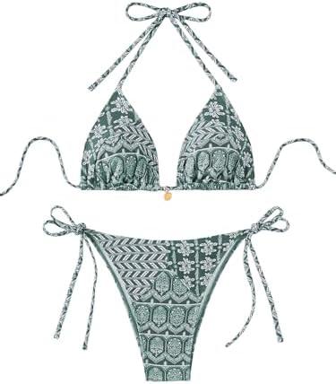 WDIRARA Women's 2 Piece Floral Print Swimsuits Geometric Halter String Triangle Bikini Set Beach Bathing Suit, XS