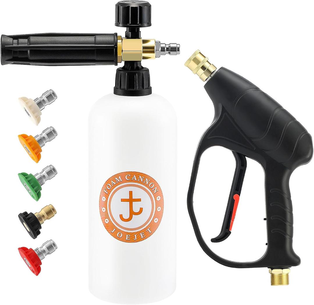 JOEJET Pressure Washer Gun with Foam Cannon, Car Wash Foam Gun with 1/4 Quick Connector, 5 Pressure Washer Nozzle Tips, 1 Liter
