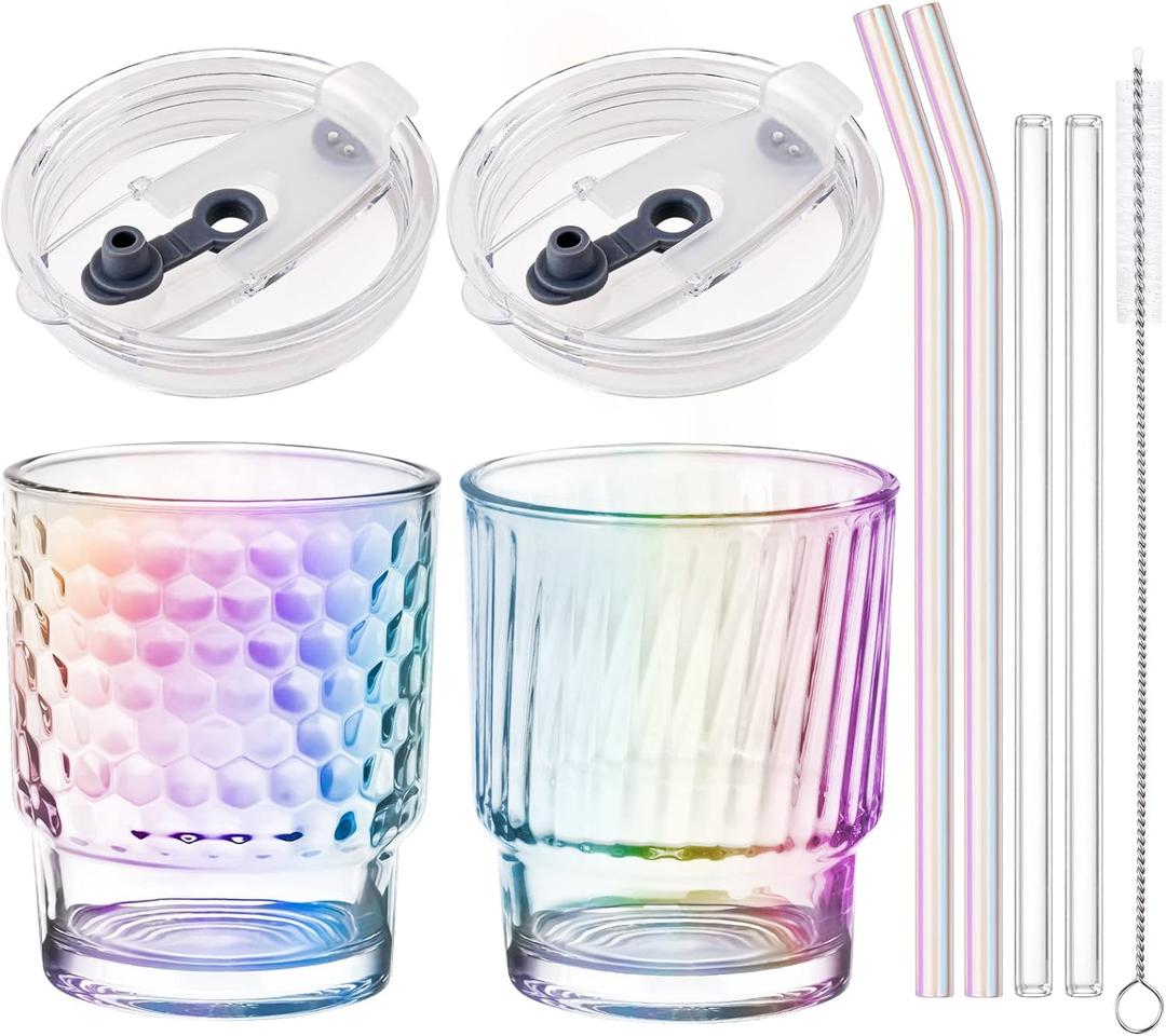 NiHome Glass Tumblers with Straws and Lids, Iridescent Iced Coffee Cup Drinking Glassware with Wide Mouth, Rainbow Glass Drinking Jars for Beer, Whiskey, Cocktail, Beverages & Soda Drinks, 2PCS 12oz
