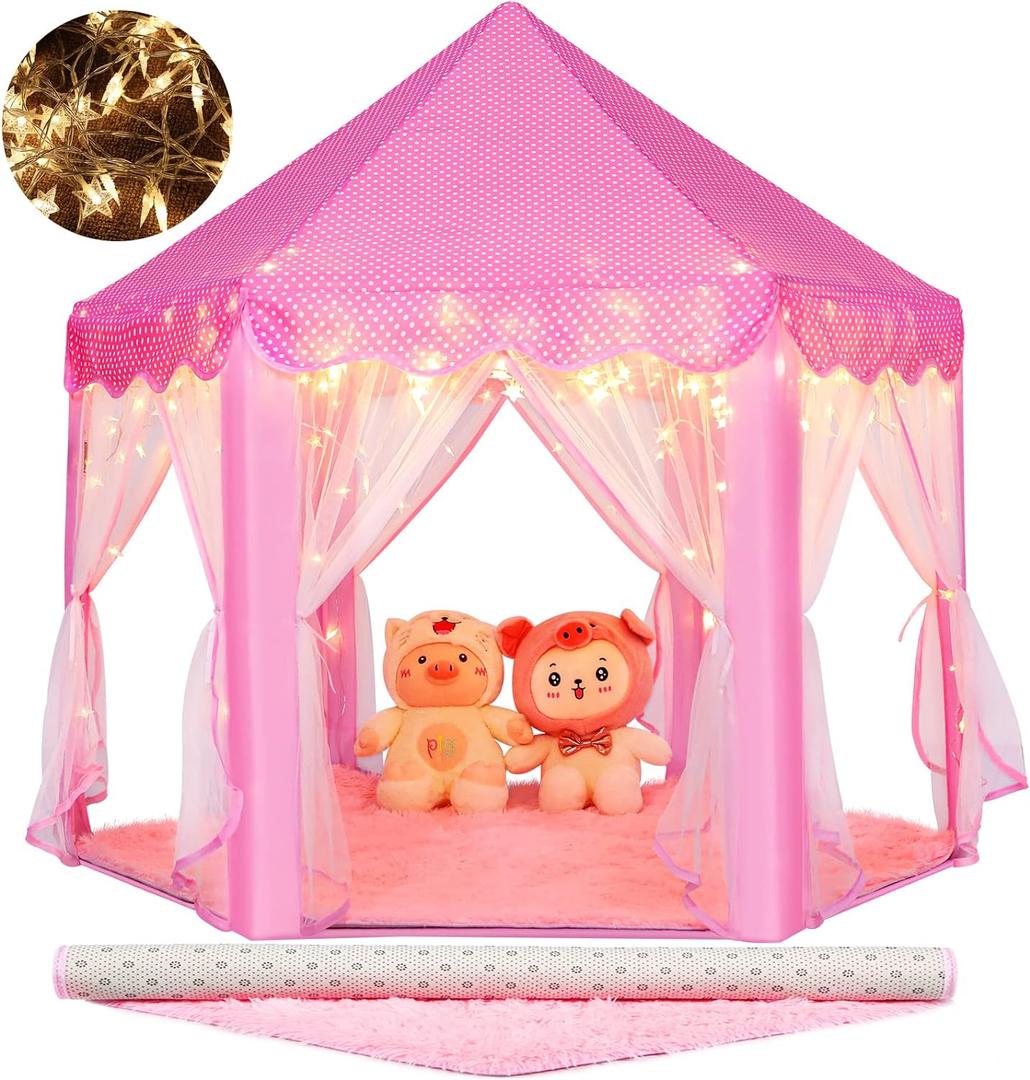 Monobeach Princess Tent Girls Large Playhouse Kids Castle Play Tent with Star Lights Toy for Children Indoor and Outdoor Games, 55'' x 53'' (DxH) (Pink Princess with Play Mat)