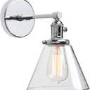 Phansthy Vintage Industrial Wall Light Bathroom Wall Sconce Indoor Hardwired 1-Light Wall Lamp with 7.3 Inches Cone Glass Lampshade for Mirror, Living Room, Hallway (Chrome)