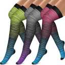Bluemaple Thigh High Compression Socks for Women and Men Circulation(3 Pairs) Over the Knee-Best Support for Running,Travel (Small-Medium, Pink/Grey/Fluorescent Green)