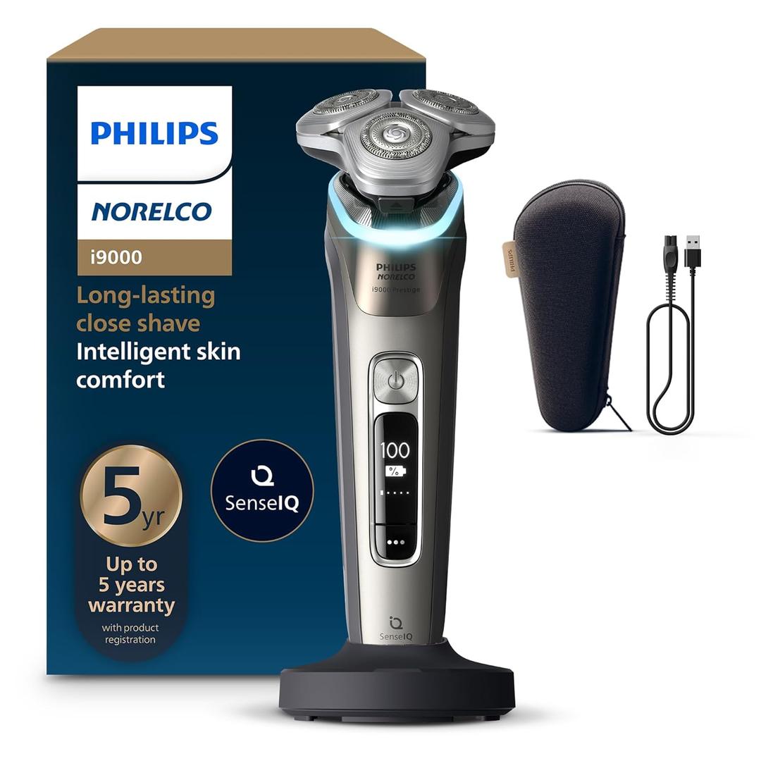 Philips Norelco Shaver i9000 Prestige - Wet & Dry Electric Shaver, Gold Oyster, Sense IQ Technology, Triple Lift & Cut System, 360 Rotating Dual SteelPrecision Blades, Quick Clean Pod, Model XP9203/81 (i9000 + Charging Stand, Gray)