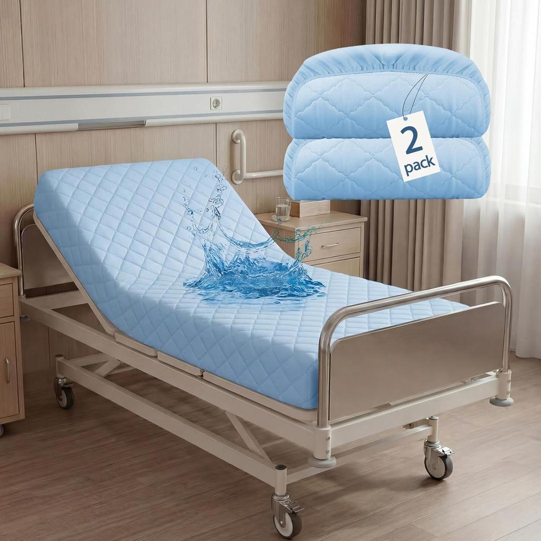 Lounsweer 2 Pack Waterproof Hospital Mattress Cover, 80x36x12in Blue Fitted Bed Sheet Protectors, Incontinence Protection Leakproof Breathable for Elderly, Adults Home Hospital Beds
