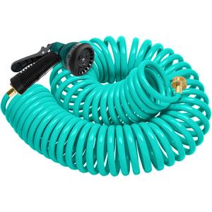 Coil Hose 50FT EVA Coil Garden Hose With 3/4'' Brass Connector Coiled Water Hose Lightweight And No Kink Includes 7 Patterns Spray Nozzle For Outdoors Lawn Watering Car Washing (Blue)