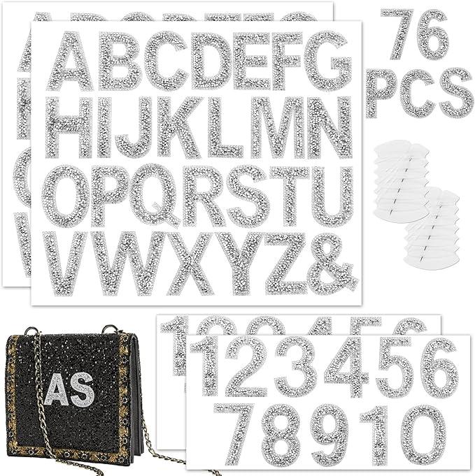 76 PCS Rhinestone Letter Stickers, 2.4 Inch Silver Glitter Alphabet Sticker with Sewing Kits, Self Adhesive A-Z & 0-9 Letter Number Stickers for DIY Arts and Crafts Decor, Clothes, Bags, Hats