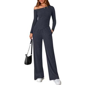 PRETTYGARDEN Fall Two Piece Sets For Women 2026 Off Shoulder Tops Long Pants Knit Matching Lounge Set Airport Travel Outfits