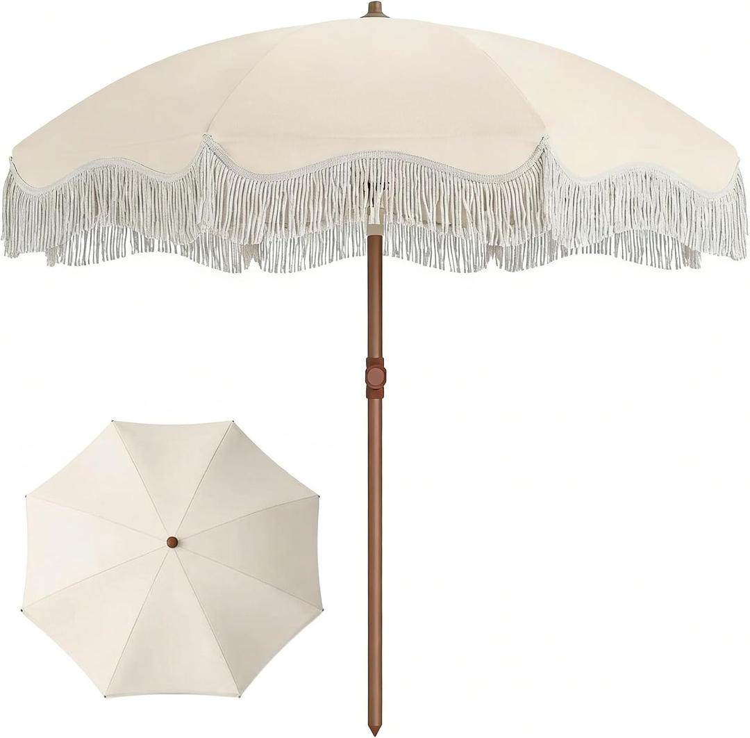 7ft Patio Umbrella with Fringe, Boho Beach Umbrellas, Outdoor Tassels Umbrellas with Push Button Tilt & Carrying Bag, 8 Windproof Fiberglass Ribs, UPF50+