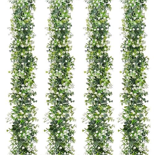 Faux Eucalyptus Garland 4 Pack Fake Vines Hanging Eucalyptus Baby's Breath Greenery Garland Spring Garland for Mantle Table Wedding Backdrop Arch Party Wall Decor (4PCS)