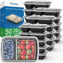 50 Pack (100-Piece) 28 oz Meal Prep Containers Reusable with Lids 2-Compartment, Sturdy Leakproof Food Safe, Microwave Freezer Dishwasher Safe, To Go Take Out Plastic Food Storage, Black