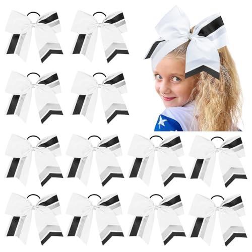 12PCS Cheer Bows Bulk Glitter Cheerleading Bows Girls Hair Bows White Black Cheer Bows Elastic Band Ponytail Holder for Cheerleaders Teen Girls College Sports Competition