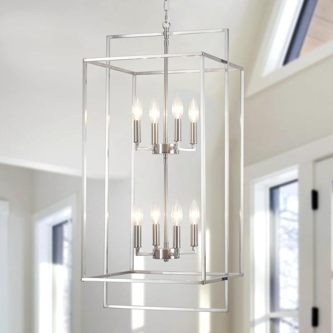 High Ceiling Chandeliers for Foyer Brushed Nickel Chandelier for Entryway Modern Farmhouse 15.74’’ in Metal 8 Light Lantern Tiered Pendant Light for Dining Room Kitchen Island Hallway Stairway 