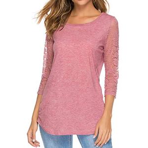 koitmy Women's 3/4 Lace Sleeve Round Neck T-Shirt Casual Blouses Tunics Tops, M