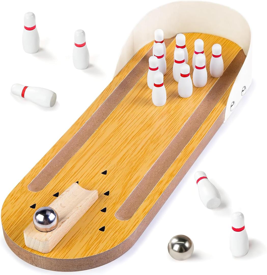 3 otters Mini Bowling Game Set for Kids & Adults, Indoor Wooden Tabletop Bowling Game Board Games for Multiple Players, Desk Toys Gag Gifts, Shooting Games for Office Stress Relief