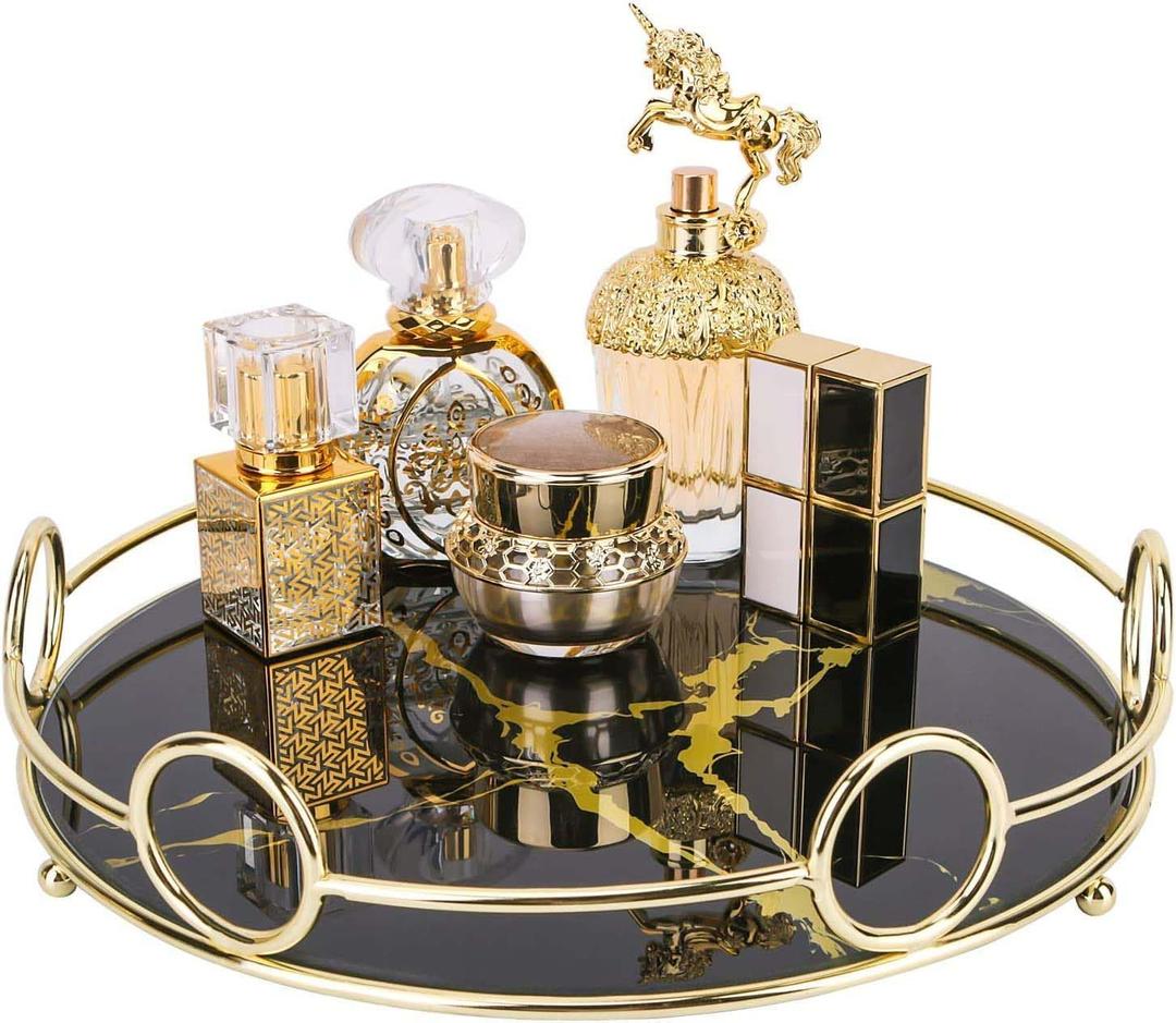 Zosenley Makeup Organizer Tray, Decorative Glass Vanity Tray for Perfume, Jewelry and Decor, Round Cosmetic Storage for Dresser, Bathroom Counter, Ottoman and Coffee Table, Size 11.4D x 2.4H