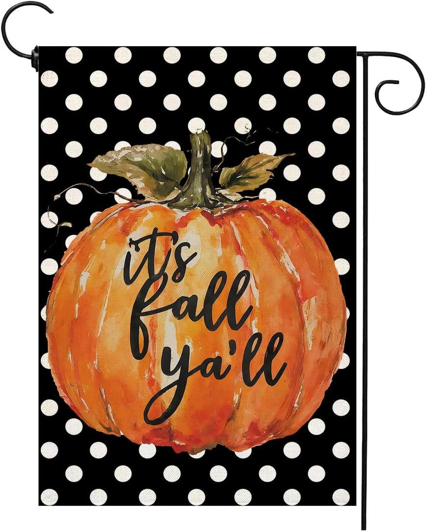 Garden Flag It's Fall Ya'll 1218 Inch Double Sided Burlap Polka Dot Pumpkin Flag Outside Vertical Holiday Yard Decorations (BLACK)