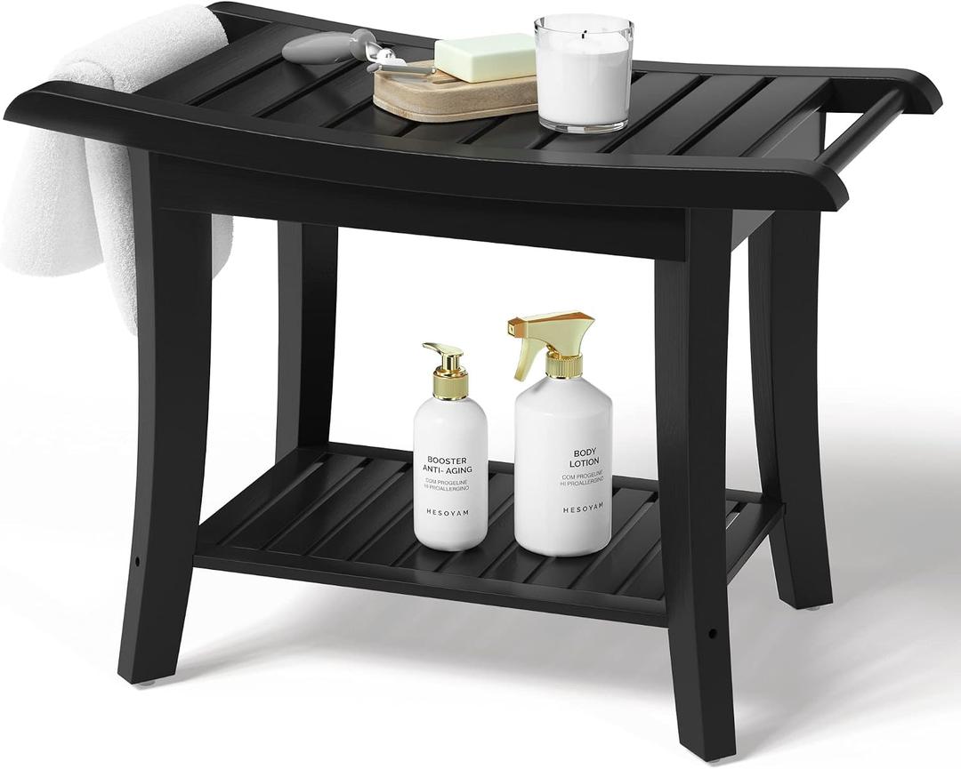 Bamboo Shower Bench Inside Shower Stool with Space-Efficient Storage Shelf, Shower Bath Chairs Spa Seats for Bathroom - Great for All Ages Unisex Elderly (Waterproof, Black)