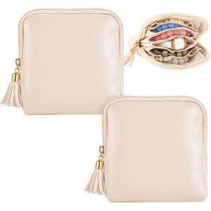 2 Pcs Small Travel Jewelry Case Bridesmaid Gift for Bachelorette Wedding Day, Mini Jewelry Pouch Organizer Bag with Zipper, Portable Waterproof Velvet Jewelries Bag for Rings, Necklaces (Beige)