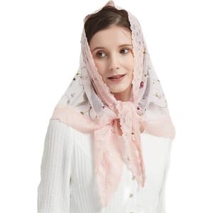 Triangle Chapel Mantilla Lace Rose Embroidery Navy Pink Ivory Veil - Latin Mass M6