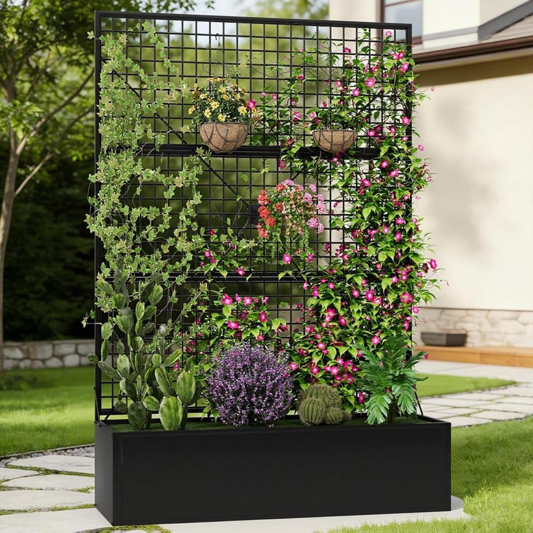Privacy Planters for Patio Metal Raised Garden Bed with Trellis and Privacy Screen, 71"47.2"16" Planter Box with Drainage Holes for Climbing Plants, Vegetables, and Vines, Outdoor Backyard Black