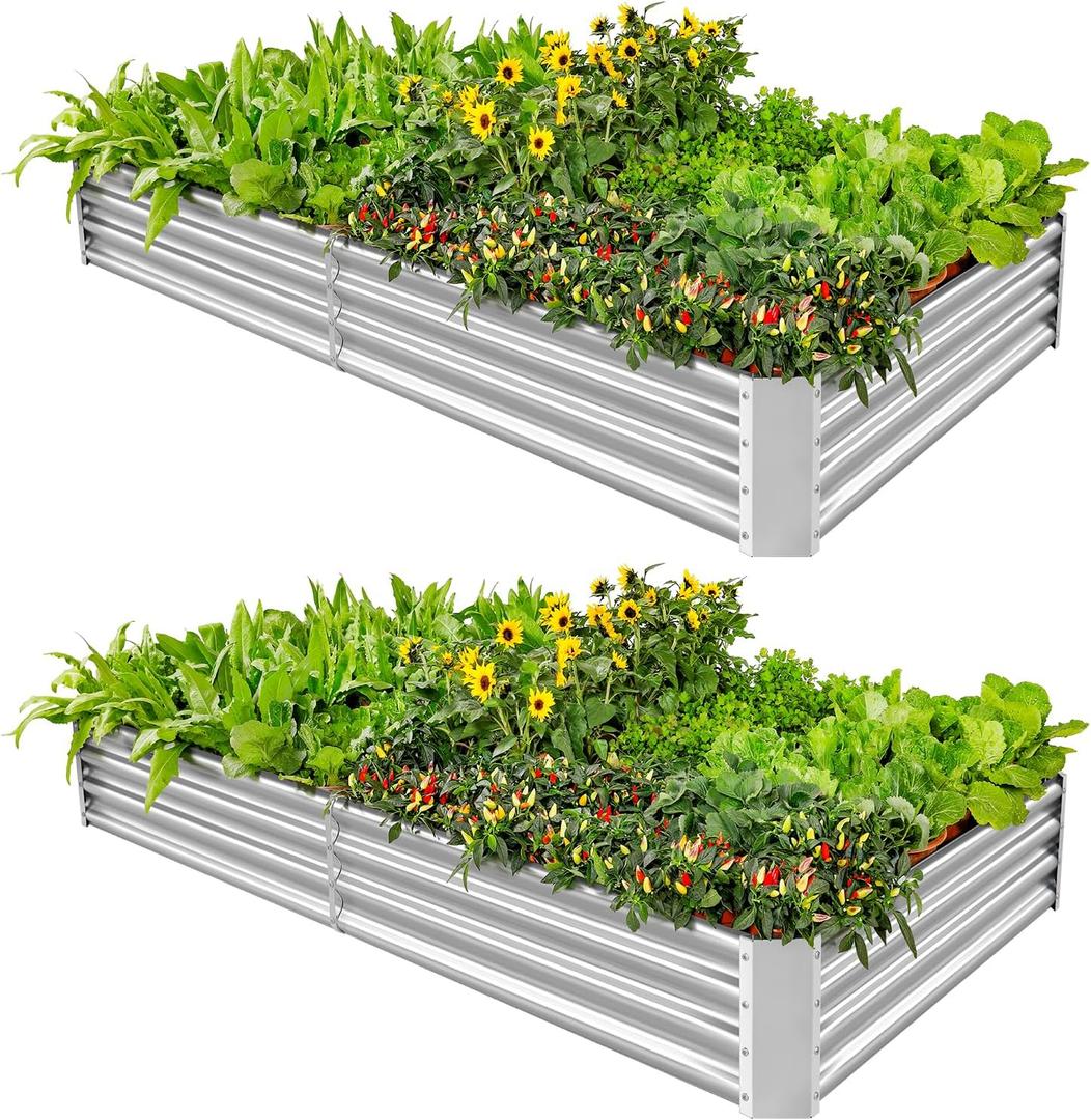 Land Guard 2 Pack 631ft Galvanized Metal Raised Garden Bed, Metal Planter Kit Box Outdoor for Deep-Rooted Vegetables, Flowers, Green and Herbs (Silver)