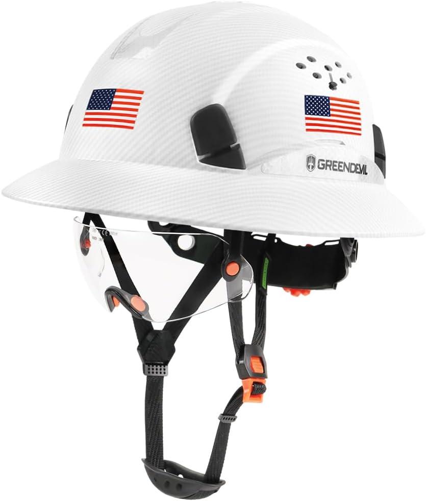GREEN DEVIL Full Brim Hard Hat Vented Construction Safety Helmet OSHA Approved Cascos De Construccion ABS Work Hardhat for Men&Women 6 Point Adjustable Ratchet Suspension Custom Pattern Design (Matte White Graphite Pattern With Built-In Visor)