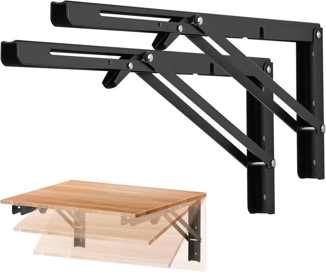 Ravinte 16 Inch Folding Shelf Brackets - Matte Black Collapsible Heavy Duty Brackets for Table Bench - Space Saving, 2 Pack