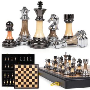Luxury Large Metal & Acrylic Chess Set with Wooden Chess Board (17)  Weighted Metal Pieces with 3.5 King, Foldable Tournament Chess Set for Adults & Kids, Professional Family Board Game