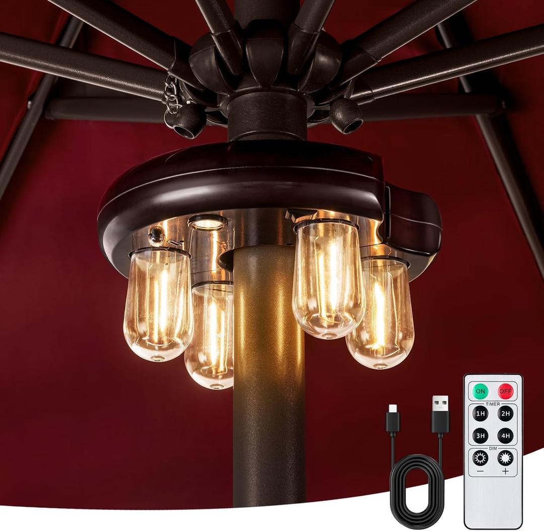 Patio Umbrella Light with Remote Control, Rechargeable Cordless LED Edison Bulbs Pole Light with 10 Brightness Levels for Garden, Patio, Backyard, Camping or BBQ - Brown (Pack of 1)